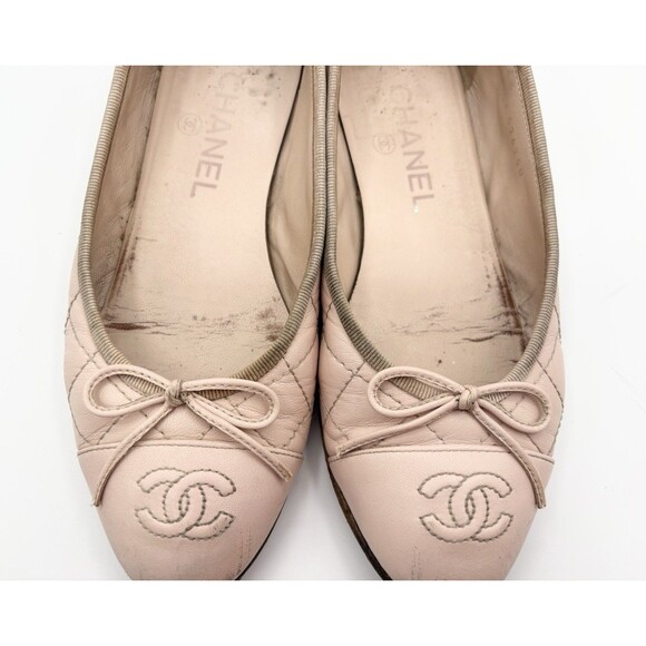 Chanel Ballet Flats Pink Quilted Leather w/ CC Logo Toe & Ribbon Sz EU 35.5 5.5 - Picture 6 of 15